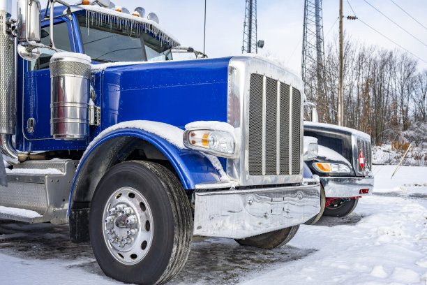 明亮的蓝色驾驶室大钻机半卡车与铬零件站在卡车停车停车场覆盖着冰雪在冬天的时候图片下载