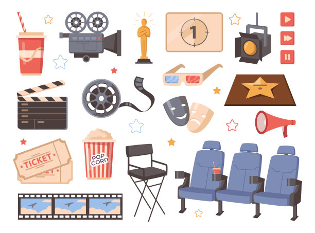 电影摄影和电影工业元素。矢量隔离隔板和卷轴，投影仪和屏幕与电影。电影门票和观众座位，爆米花和苏打水或奶昔图片下载