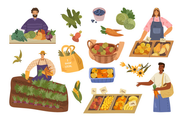 在市场上卖东西的男人和女人，在田间收割产品的农民。媒介隔离卖主与水果，买家选择水果或蔬菜从盒子。有机生产的手提袋图片下载
