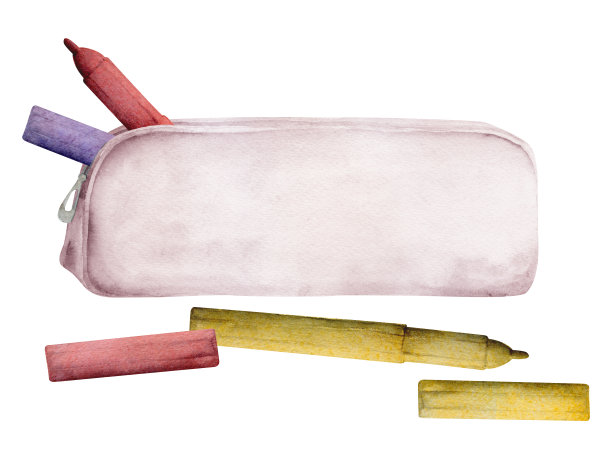 水彩手绘插画，儿童儿童绘画材料用品，铅笔盒用彩色记号笔蜡笔。成分孤立在白色上。用于学校，幼儿园，聚会，卡片，网站图片下载