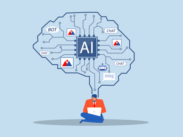 聊天机器人，商人用电脑进行咨询。人工智能技术。数字聊天机器人，机器人应用，对话助手概念。矢量插画家图片下载