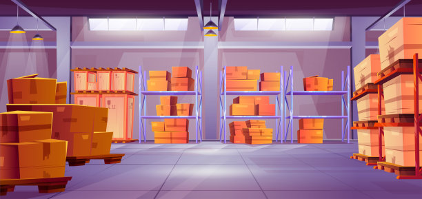 堆满纸板和木箱的仓库货架图片下载
