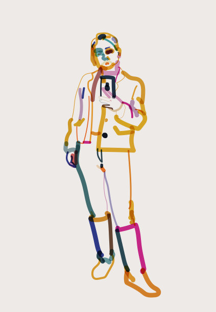 彩色线条艺术水彩时尚动作肖像，站着的女人用她的手机自拍图片下载