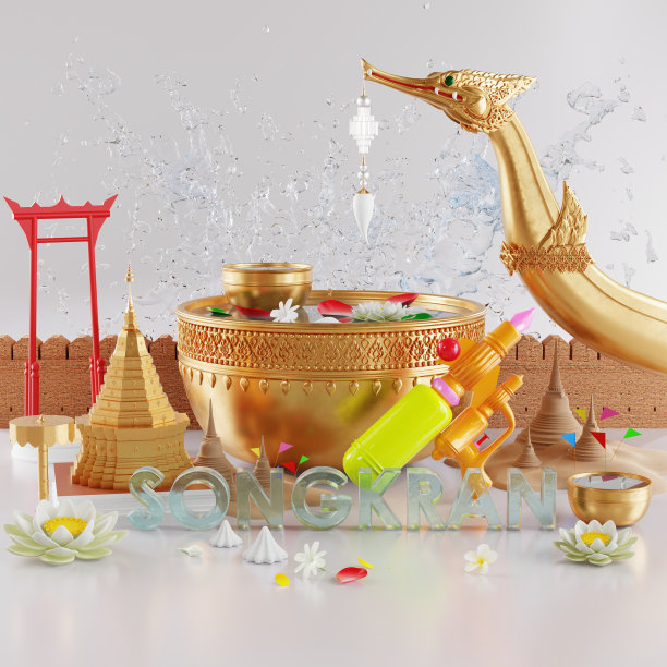 3d渲染插图背景为泼水节背景在泰国泼水节3d与蓝色的水飞溅，泰国建筑。(泰语:Songkran Thailand)图片下载