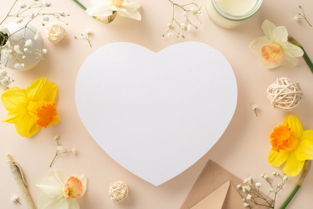 用水仙花和吉思莲来表达你对春天最温暖的祝福。俯视图图片捕捉鲜花和装饰在米色孤立的背景与空白心形框架创建广告或文本设置图片下载