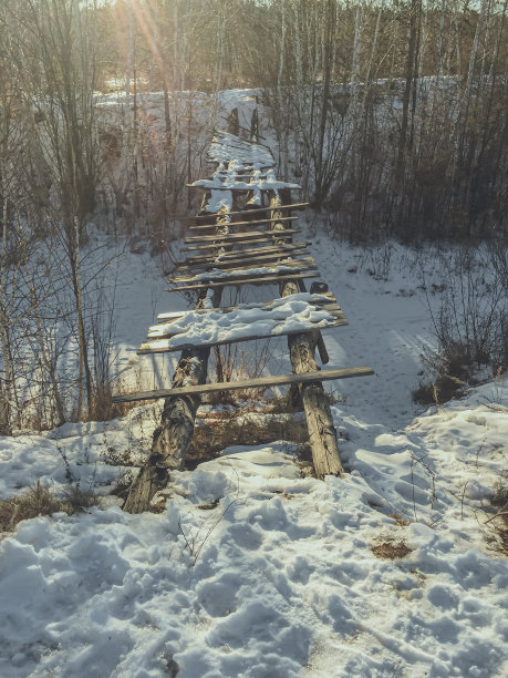 冬天森林里的一座木桥。复古风格的彩色图片图片下载