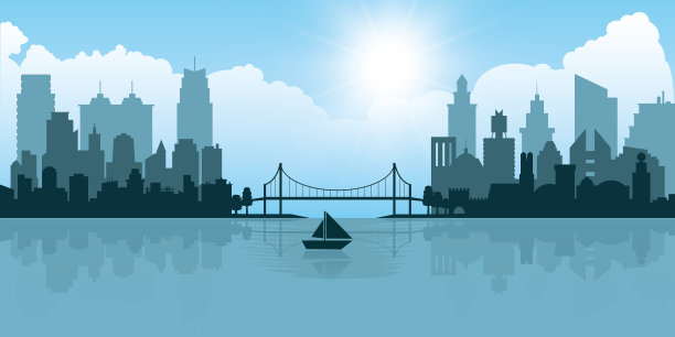 城市夏季景观与城市天际线，蓝天与白云图片下载