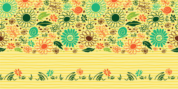 矢量涂鸦快乐雏菊黄色钢笔涂鸦上水平边界图案。适合制作贺卡。图片下载