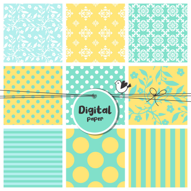 数码纸，一套无缝的图案，花，点，条纹，方形样品图片下载