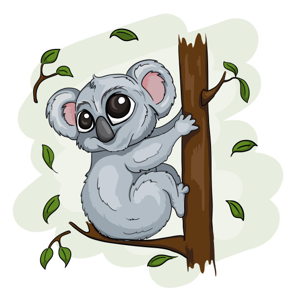矢量插图可爱的小考拉坐在树上。卡通卡哇伊图案，适合明信片或印刷品图片下载