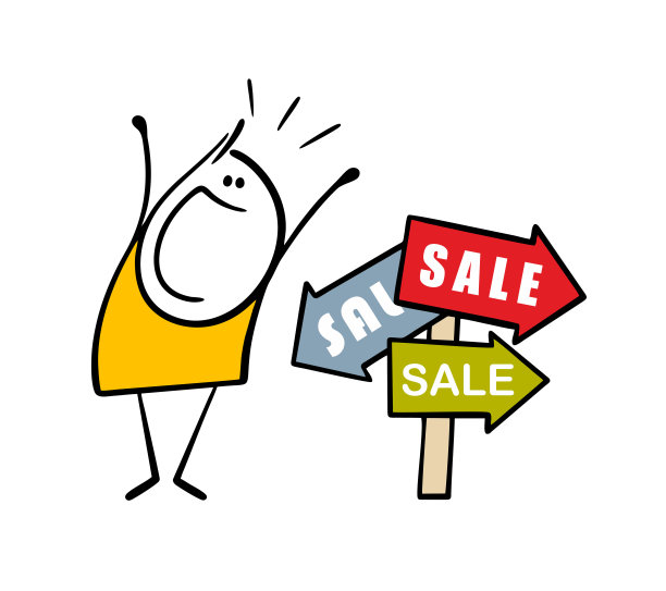 Stickman很高兴看到商店里的箭头。矢量图片的销售和季节性折扣在商店。平面卡通插图孤立在白色背景。图片下载