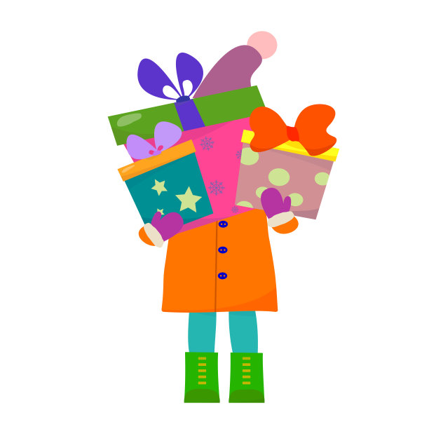 一个小女孩手里拿着许多装着各种礼物的盒子。矢量图图片下载