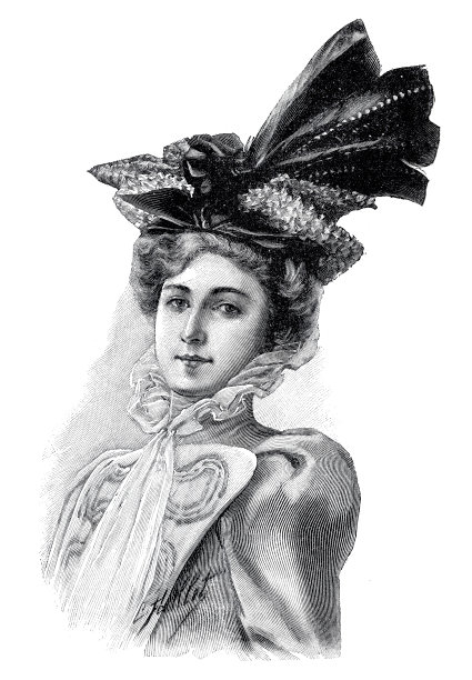 戴着华丽花帽的年轻女子插画（1897年）图片下载