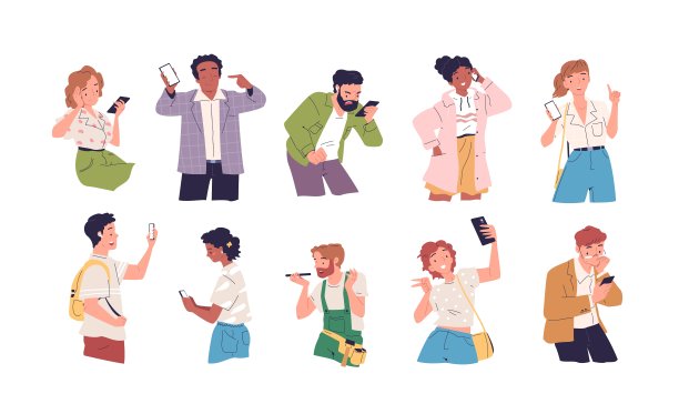 人们智能手机的情绪。激动的人写在智能手机上，文字手机悲伤快乐的表情，男生女生看手机图片下载