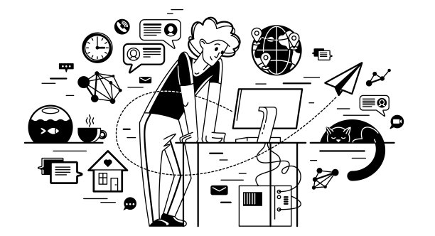 自由职业者从家里矢量轮廓插图工作，自雇人士忙于在线工作，专业做一些创造性的工作在互联网上。图片下载