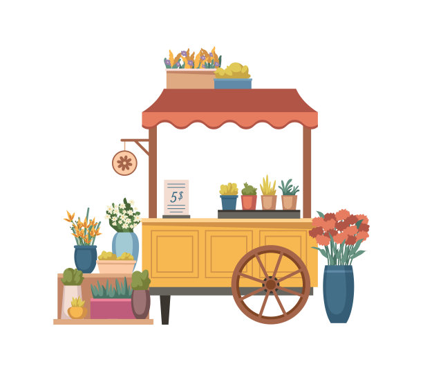 花店或亭子有各种各样的植物和价格。媒介隔离空花店与盆栽室内植物和花瓶与花束。出售花艺和植物成分图片下载