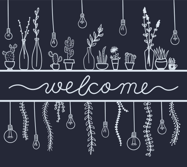 欢迎横幅上有鲜花和灯泡。矢量插图在深灰色的背景图片下载