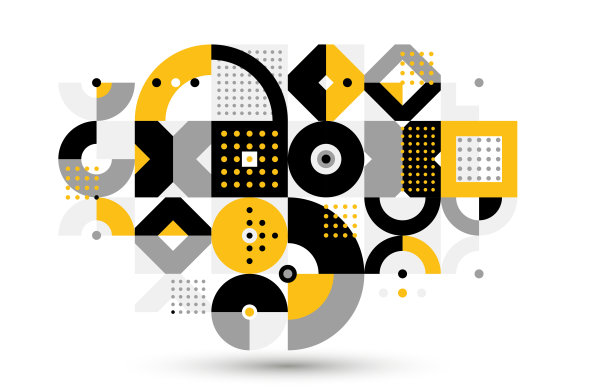 抽象的几何矢量模块背景，复古的70年代现代主义风格的图案，模块瓷砖与点，斑点图案与圆圈，正方形和三角形。图片下载