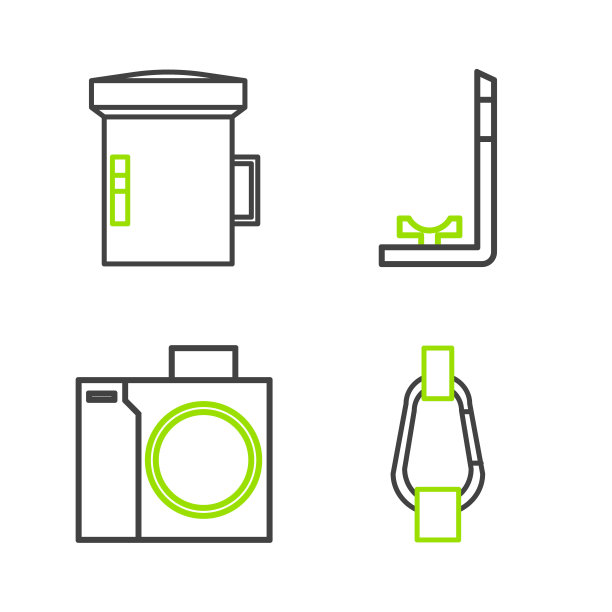 设置线扣环，照片相机的潜水员，浮潜和大手电筒图标。向量图片下载