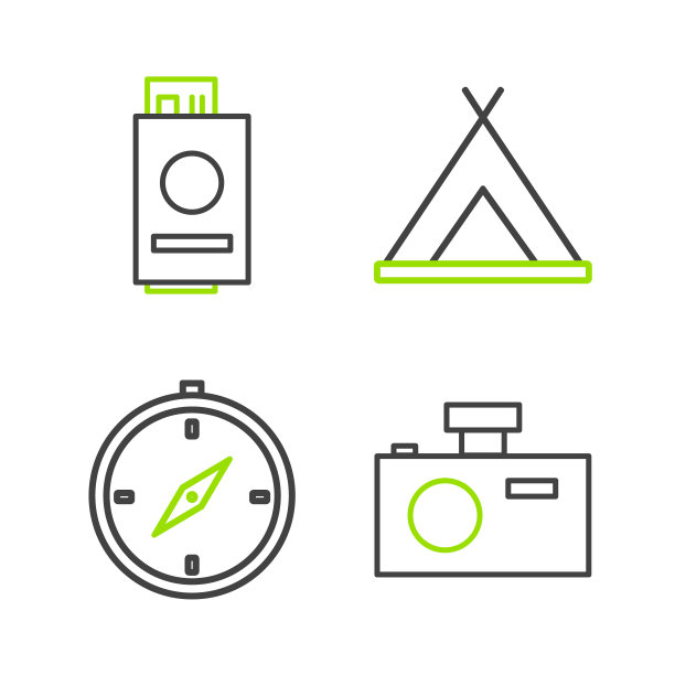 设置线相机，指南针，旅游帐篷和护照机票图标。向量图片下载