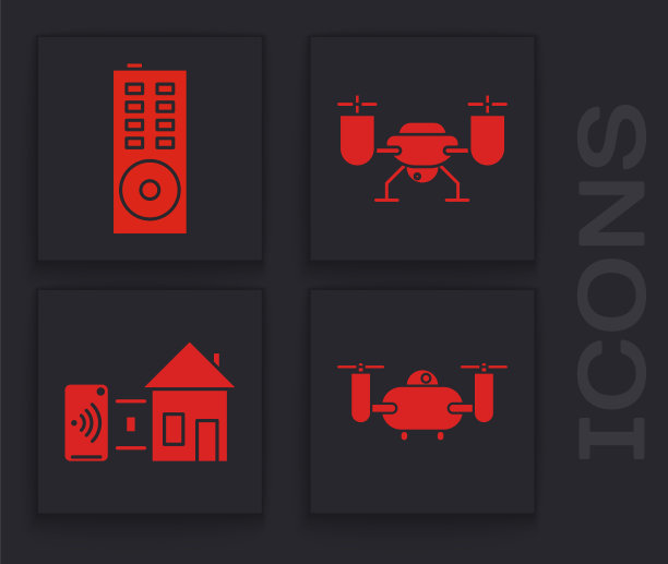 设置无人机飞行与运动相机，遥控，无人机飞行与运动相机和智能家居图标。向量图片下载