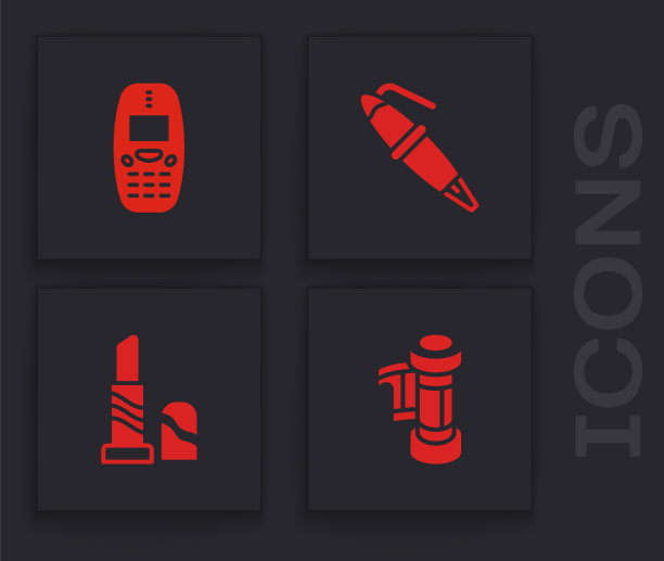 集相机卷墨盒，旧手机，钢笔笔尖和口红图标。向量图片下载