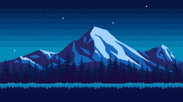 像素艺术在夜间山的背景。以松林为背景的草地，白雪覆盖的山峰和满天的星星。水平无缝自然矢量插图。图片下载