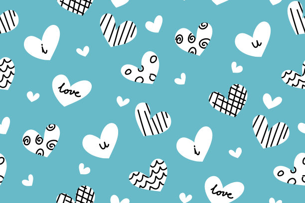 涂鸦心形图案背景框架边界。黑色和白色的心手绘涂鸦在蓝色背景情人节生日爱矢量插图。图片下载