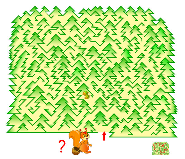 逻辑益智游戏与迷宫为儿童和成人。帮助松鼠在森林里收集坚果。找到路，画好线。在线玩。儿童活动单。矢量卡通图像。图片下载