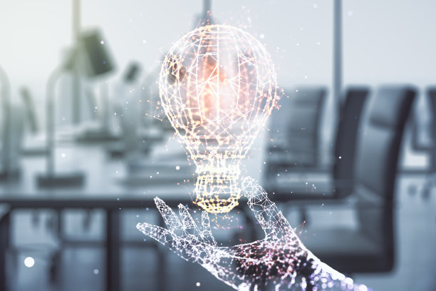 抽象虚拟灯泡插画以现代布置教室为背景，未来技术概念。Multiexposure图片下载