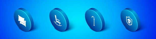 设置等距枕头，手杖手杖，祖母和摇椅图标。向量图片下载