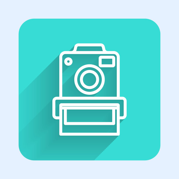 白线照片相机图标孤立与长阴影背景。与相机。数码摄影。绿色方形按钮。向量图片下载