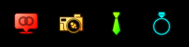 集结婚戒指，照相机，领带和钻石订婚图标。向量图片下载