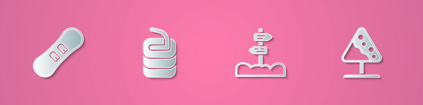 集剪纸滑雪板，石头为冰壶，道路交通路标和雪崩图标。纸艺风格。向量图片下载