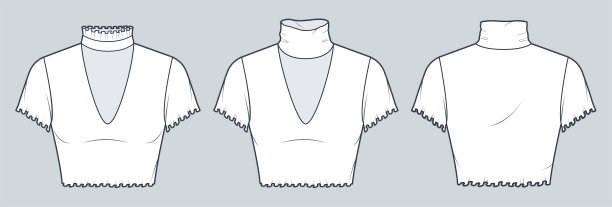 卷领露脐上衣技术时尚插图。莴苣下摆t恤时尚平面技术图纸模板，裁剪，修身，前后视图，白色，女性CAD模型集。图片下载