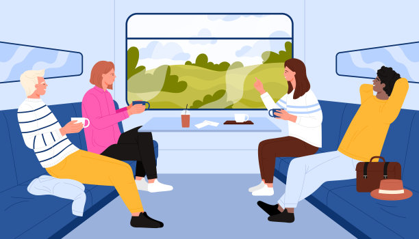 人们在火车车厢里旅行，男女角色坐在靠窗的座位上图片下载