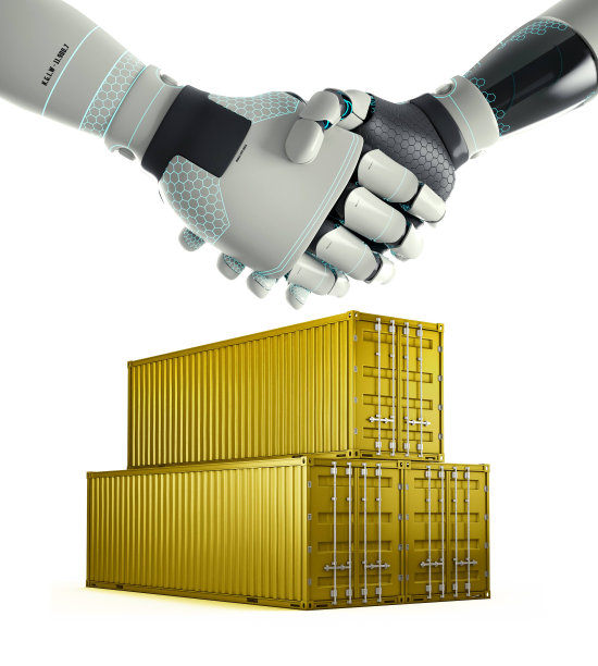 机器人的手和后面的容器握手图片下载
