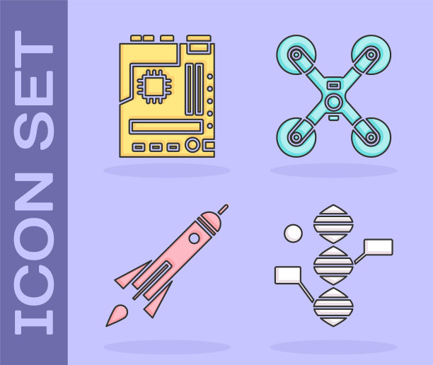 设置DNA符号，主板，火箭船与火和无人机飞行图标。向量图片下载