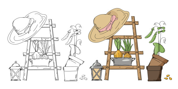 手绘着色页为孩子们提供了一个梯子，帽子，花盆和幼苗在花园插图。图片下载