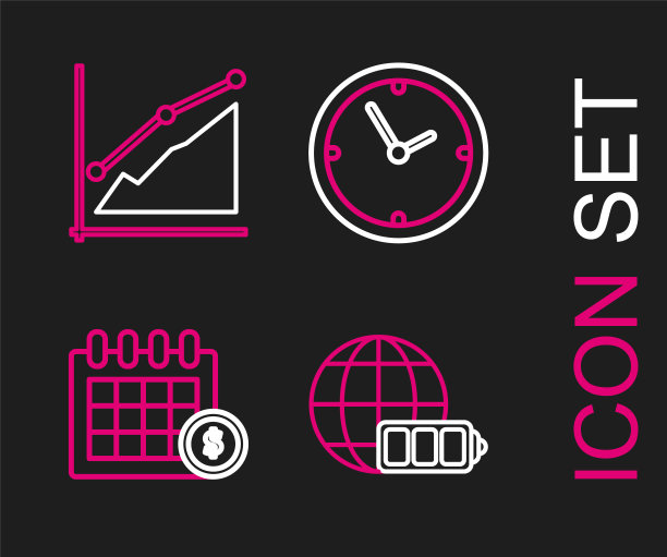 设置线电池充电水平指标与地球，财务日历，时钟和饼状图信息图形图标。向量图片下载