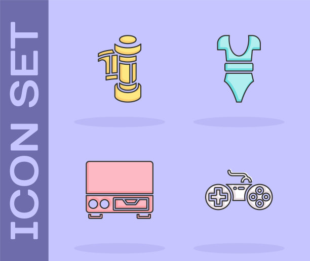 设置手柄，相机卷卡带，旧录像带播放器和泳装图标。向量图片下载