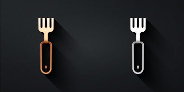 金色和银色叉图标隔离在黑色背景上。餐具的象征。长影式。向量图片下载