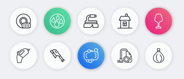 设置线肥皂，酒杯，便携式吸尘器，吸尘器，房子，清洁刷，垃圾袋和图标。向量图片下载