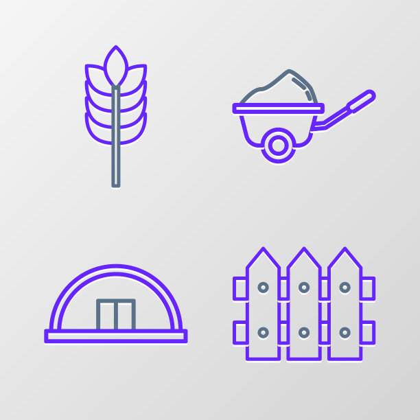 设花园栅栏木架，机库，手推车与土和谷物稻，小麦，玉米，燕麦，黑麦图标。向量图片下载