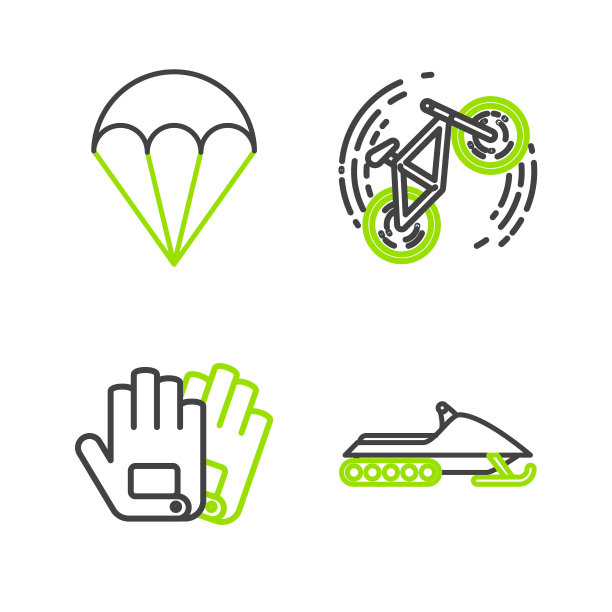 设置线雪地摩托，手套，自行车技巧和降落伞图标。向量图片下载