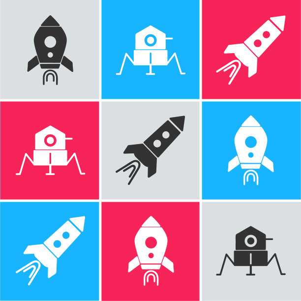 设置带火的火箭船，火星探测器和带火图标的火箭船。向量图片下载