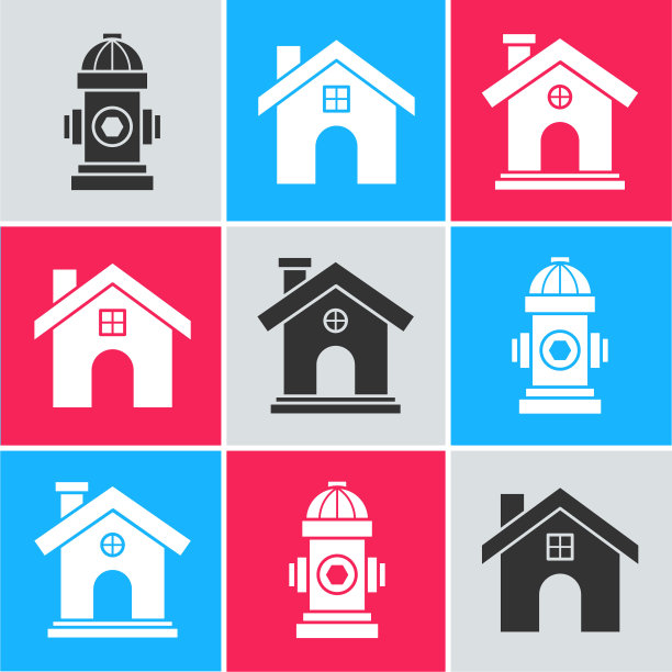 设置消防栓，房屋和房屋图标。向量图片下载