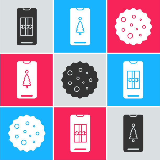 设置智能手机与礼盒，智能手机与礼盒和饼干或饼干巧克力图标。向量图片下载