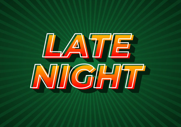 深夜。文字效果渐变黄红色。3 d外观。墨绿色背景图片下载