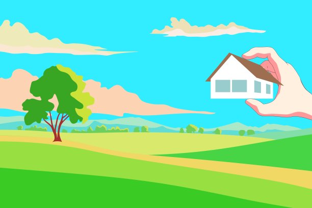 插图美丽的夏日田野景观与黎明，青山和蓝天。乡村背景在平面卡通风格的横幅。手持简约的房子。图片下载